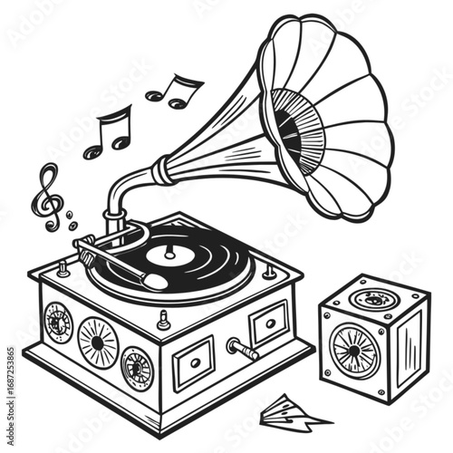 Vintage Gramophone with Horn Speaker and Music Notes Illustration.