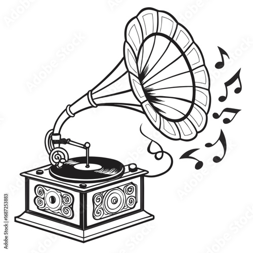 Ornate Vintage Phonograph with Musical Notes.