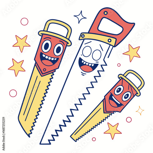 Three Cartoon Saws with Smiling Faces and Red Handles Yellow Blades.