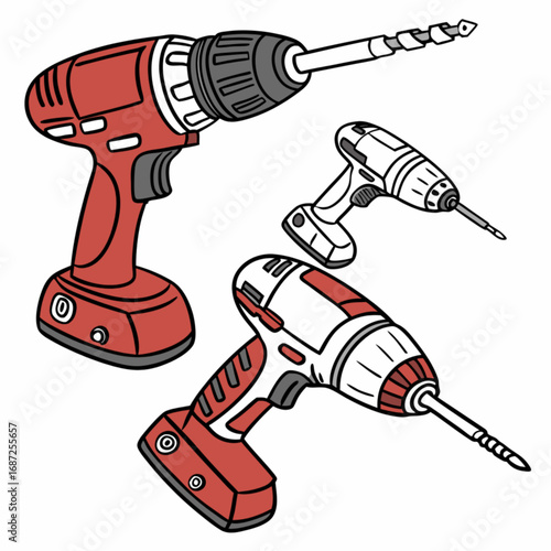 Three Cordless Drills: Red White and Black with Different Drill Bits.