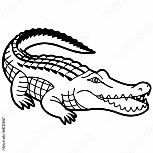 Illustration of a cartoon alligator with a textured tail and patterned skin in black and white outline