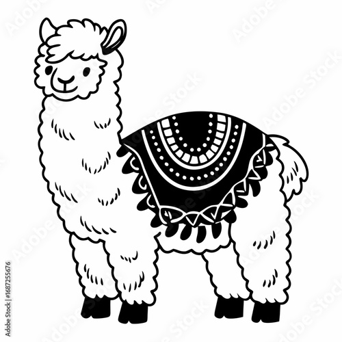 Illustration of a fluffy llama with a patterned blanket in black and white outline style design art