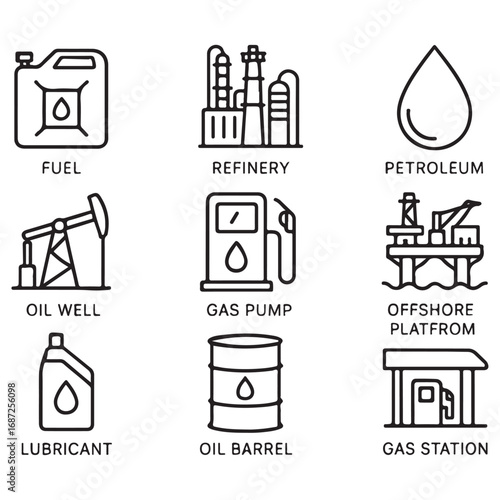 Oil & Gas line icon set. Containing fuel, refinery, petroleum, oil well, gas pump, offshore platform, lubricant, 
oil barrel vector