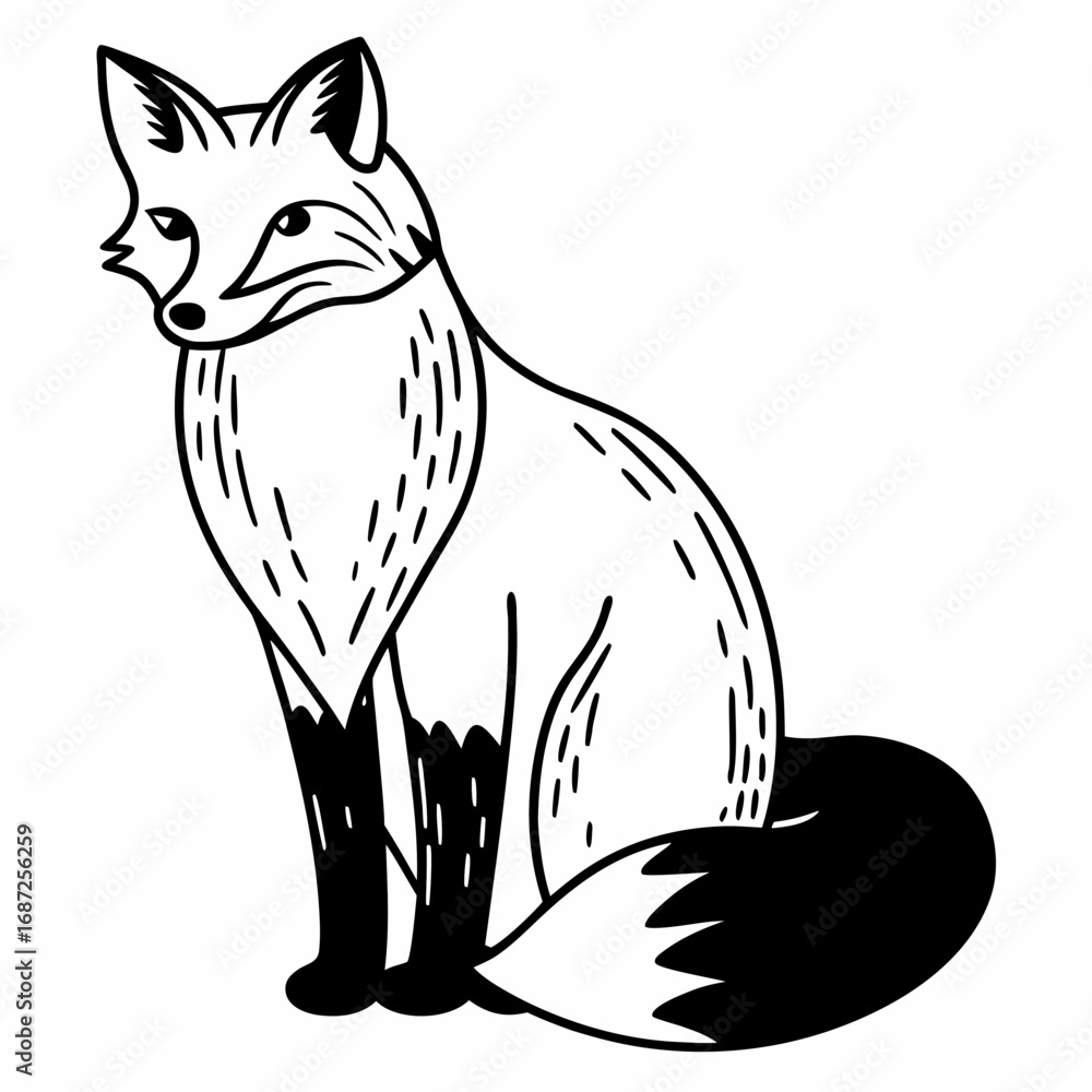 Obraz premium A stylized fox illustration in black and white featuring a sitting fox with a bushy tail and pointed ears