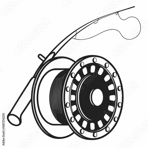 Illustration of a fly fishing rod and reel with line depicted in black and white outline style drawing