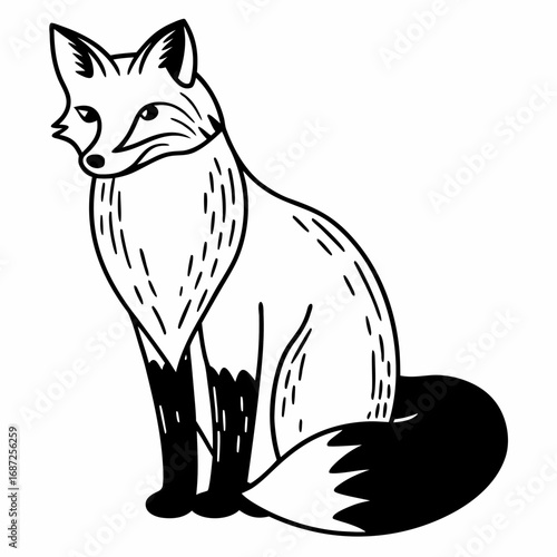 A stylized fox illustration in black and white featuring a sitting fox with a bushy tail and pointed ears