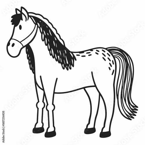 Illustration of a standing horse with a black mane and tail in a simple line drawing style image