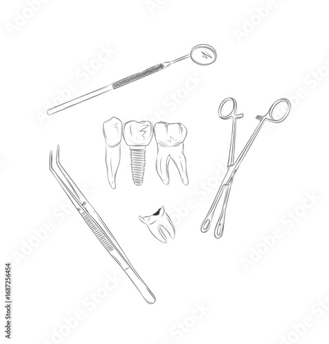 Tooth healthy, with caries, implant and dental treatment tools drawing in graphic style with black on white background