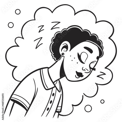 Black and White Illustration of a Young Person Dreaming While Sleeping.