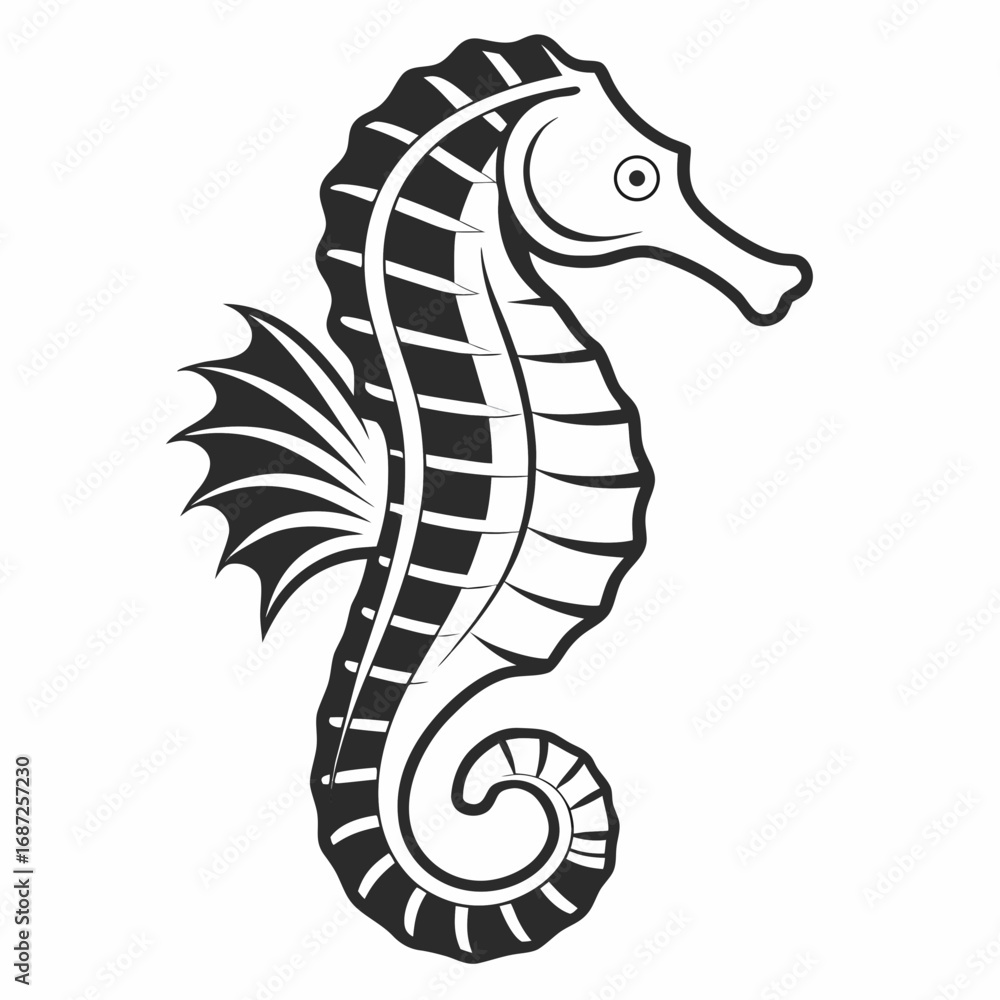 Fototapeta premium Stylized seahorse illustration with distinct black and white stripes and curled tail design element