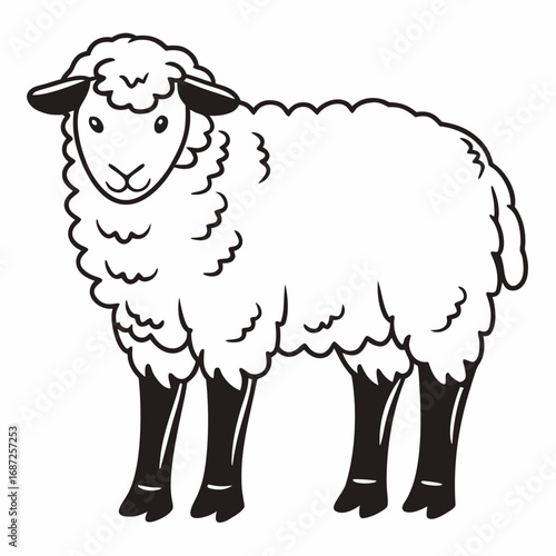 Illustration of a fluffy sheep with black legs and ears standing facing forward on a white background