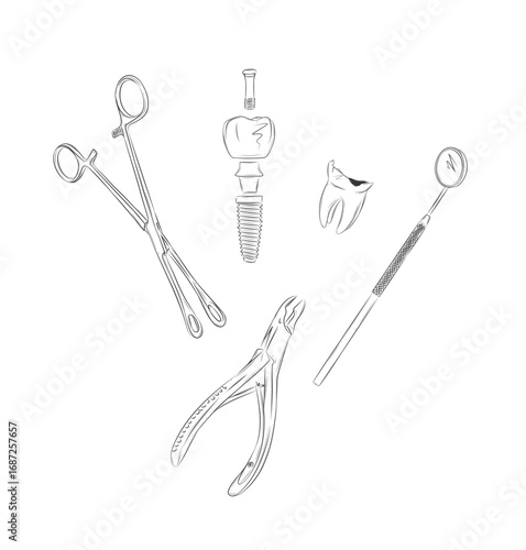 Tooth implant and implantation dental tools clamp, claws and mirror drawing in graphic style with black on white background