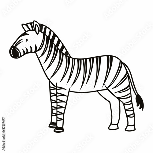 A standing zebra with black and white stripes is facing left in a simple cartoon outline style drawing image