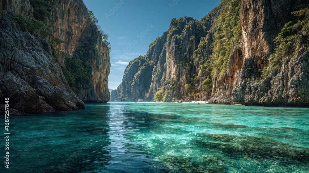 Fototapeta premium Serene Tropical Cove Surrounded by Majestic Cliffs and Clear Waters