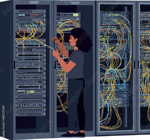 Woman working with server racks and networking cables in data center technology environment vector illustration