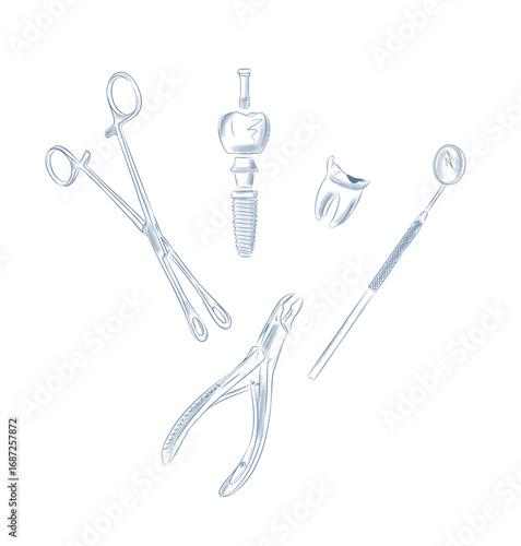 Tooth implant and implantation dental tools clamp, claws and mirror drawing in graphic style with blue on white background