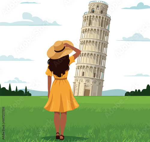 Woman in yellow dress and hat admiring Leaning Tower of Pisa outdoor landmark summer scene vector illustration