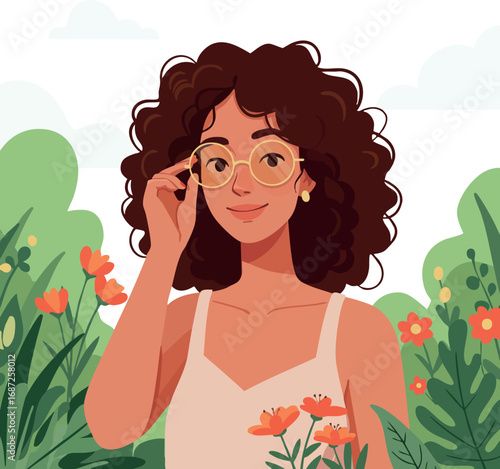 Woman with curly hair wearing glasses holding flowers in garden surrounded by green plants and bright blossoms vector illustration
