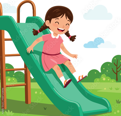Girl sliding down green playground slide outdoors in park on sunny day joyful childhood playtime vector illustration