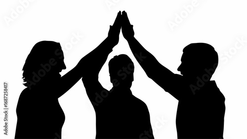 Silhouette of three people doing a high five in a show of teamwork and collaboration on a white background