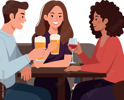 Friends enjoying drinks together at bar table celebrating with beer and wine glasses in social gathering vector illustration