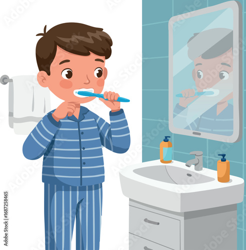 Boy brushing teeth in blue striped pajamas standing at bathroom sink with mirror reflection vector illustration
