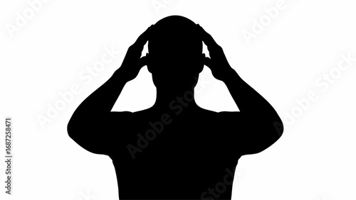Silhouette of a person with hands on head depicting stress or headache against a white background space