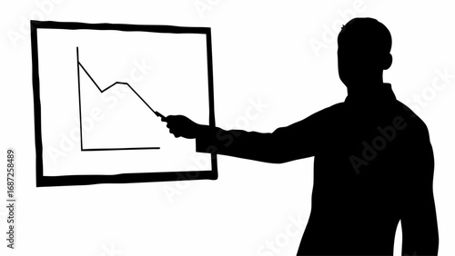 A silhouette of a person presenting a line graph on a whiteboard with a pointer in their hand showing data
