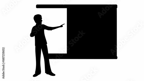 Silhouette of a person standing and pointing towards a large black rectangular shape on a white background