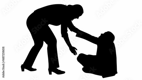 Silhouette of a woman reaching out to a seated person offering assistance and support in black and white