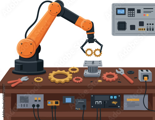 Industrial robotic arm assembling gears on workbench with electronic control panel in technology workshop vector illustration