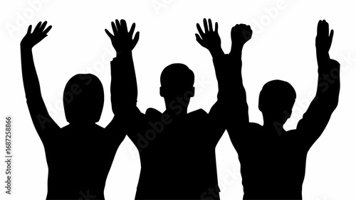 Silhouette of three people with raised hands in a black and white image against a white background view