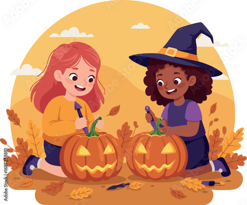 Two children carving Halloween pumpkins together with autumn leaves and witch hat in warm orange sunset vector illustration
