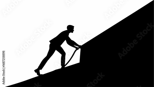 Silhouette of a man climbing a steep hill with the aid of a stick against a white background area