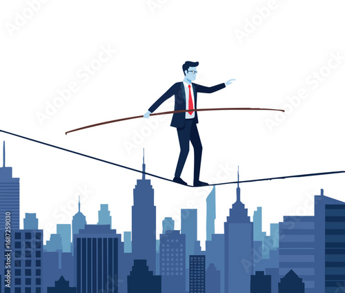 Businessman walking tightrope over city skyline balancing with pole in challenging high risk concept vector illustration