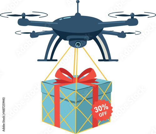 Drone carrying gift box with red ribbon and 30 percent off tag for delivery and discount promotion vector illustration