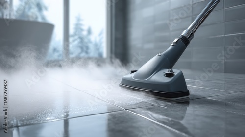 Wallpaper Mural A steam cleaner is being used on tiled floors, emitting steam in a bright, modern bathroom setting, enhancing cleanliness and hygiene. Torontodigital.ca