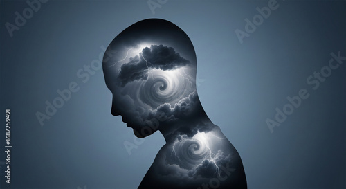 A person's silhouette contains a turbulent storm with lightning, a powerful metaphor for anxiety, stress, and inner turmoil.