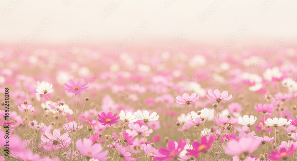 Obraz premium Pink and White Cosmos Flowers Blooming in Autumn Field