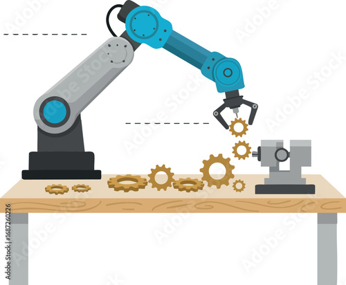 Industrial robotic arm assembling mechanical gears on wooden workbench in factory setting vector illustration