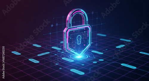 Dynamic digital security lock glowing with neon lights against a futuristic network grid