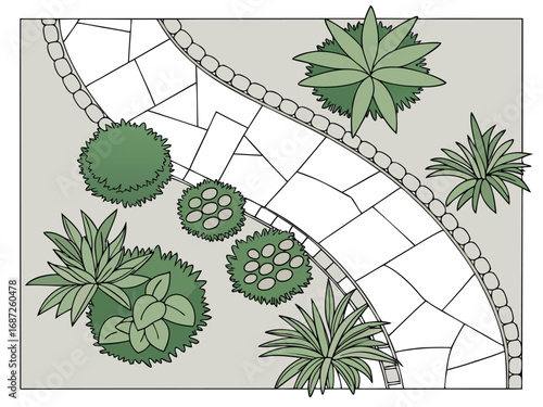 Aerial view of a modern backyard landscape design with swimming pool and green lawn