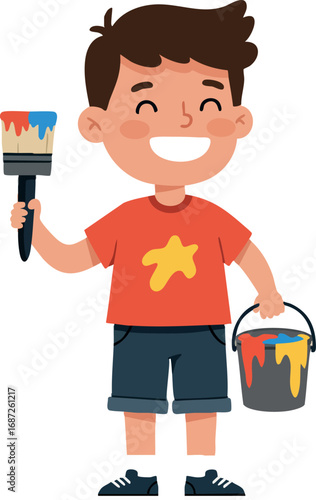 Happy boy holding paintbrush and colorful paint bucket in casual clothes vector illustration cheerful art activity kids creativity