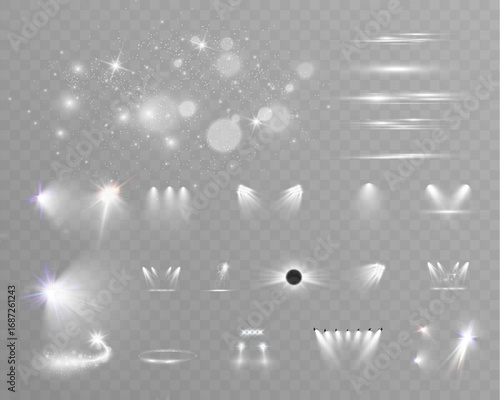 Set of light spotlight effects.Lens flare, explosion,sparkle, dust,line,solar flare, spark and stars.
