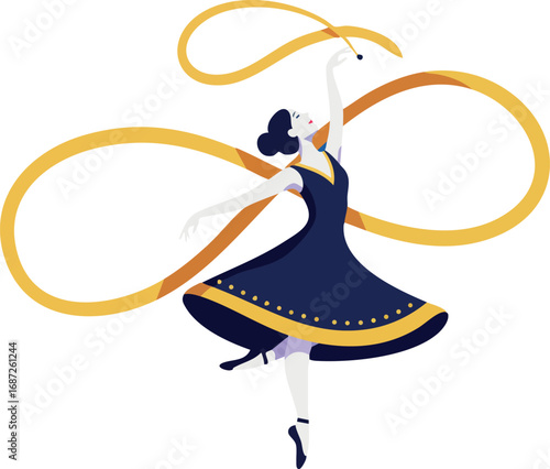 Female rhythmic gymnast performing graceful ribbon dance in elegant navy and gold outfit vector illustration