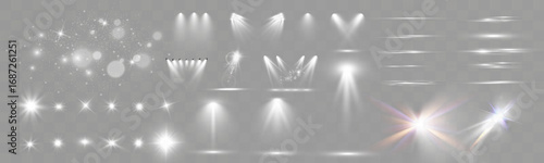 Set of light spotlight effects.Lens flare, explosion,sparkle, dust,line,solar flare, spark and stars.

