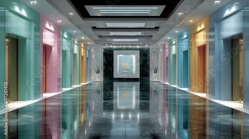 A long hallway with multiple colorful elevator doors.