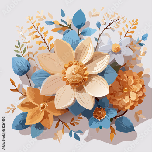 Elegant Floral Bouquet in a Blue and Orange Papercraft Style