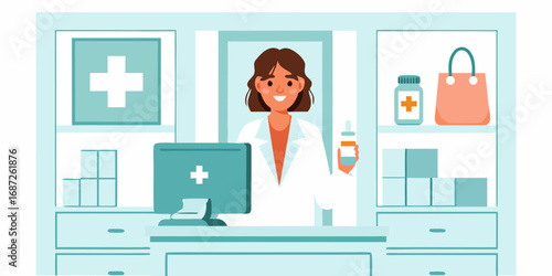 Friendly female pharmacist in white coat holding medication bottle behind pharmacy counter with computer and shelves