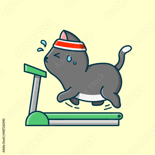 Cute gray cat vector illustration running on a treadmill, working hard to lose weight and exercise for a healthier lifestyle. 